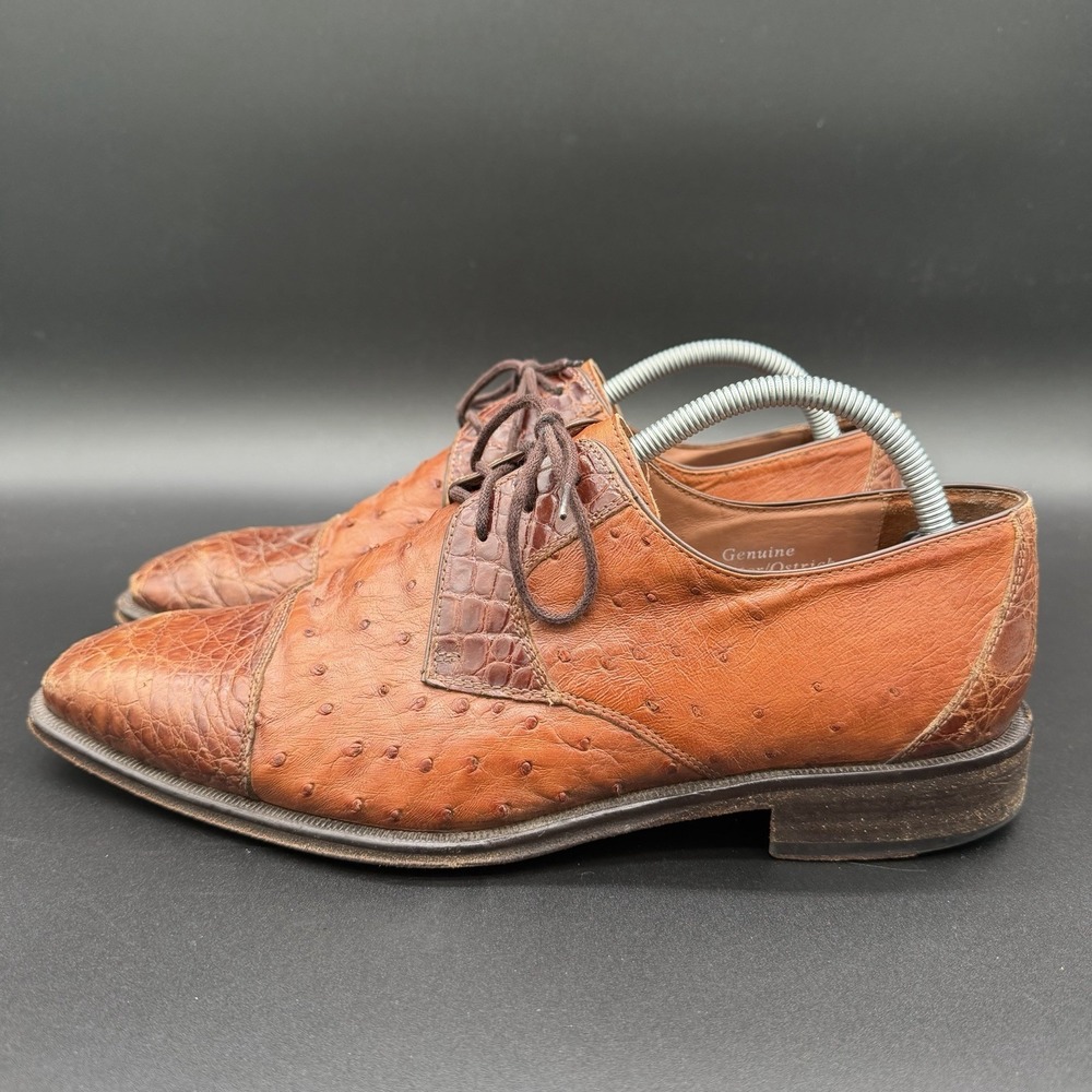 Cellini Tan Brown Genuine Alligator Ostrich Derby Shoes Size 9.5 EE2 US MENS